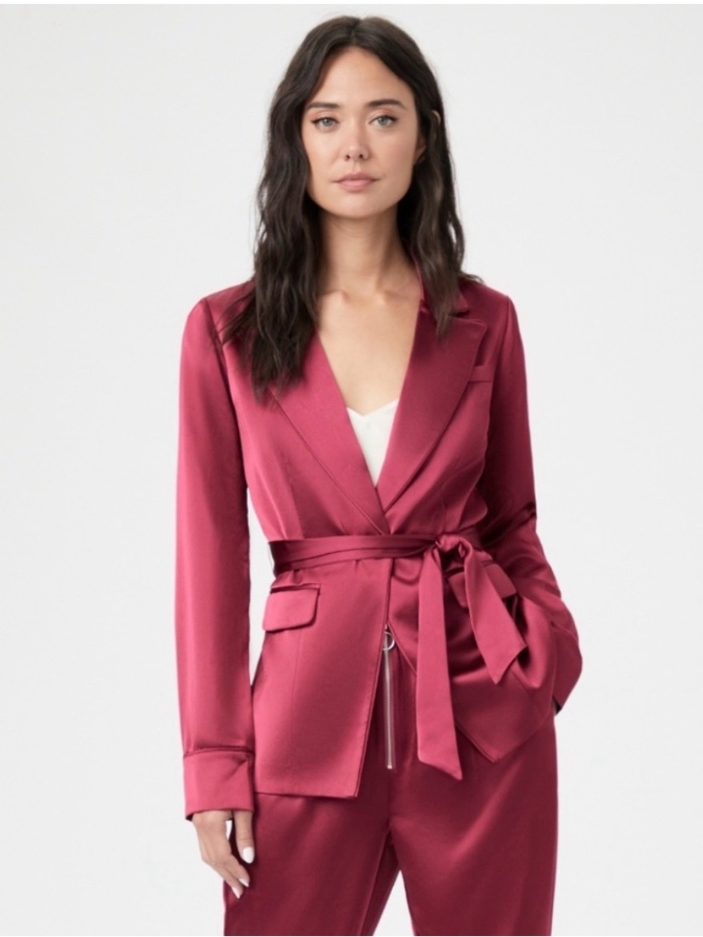 PAIGE Havenn Tie Waist Satin Blazer in Mulberry